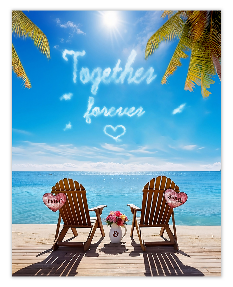 Lover's Heart Etched in Beach - Personalized Wall Art For Couples w/Names & Date Carved On Beach Bench - Print or Canvas: Treasure Unforgettable Moments